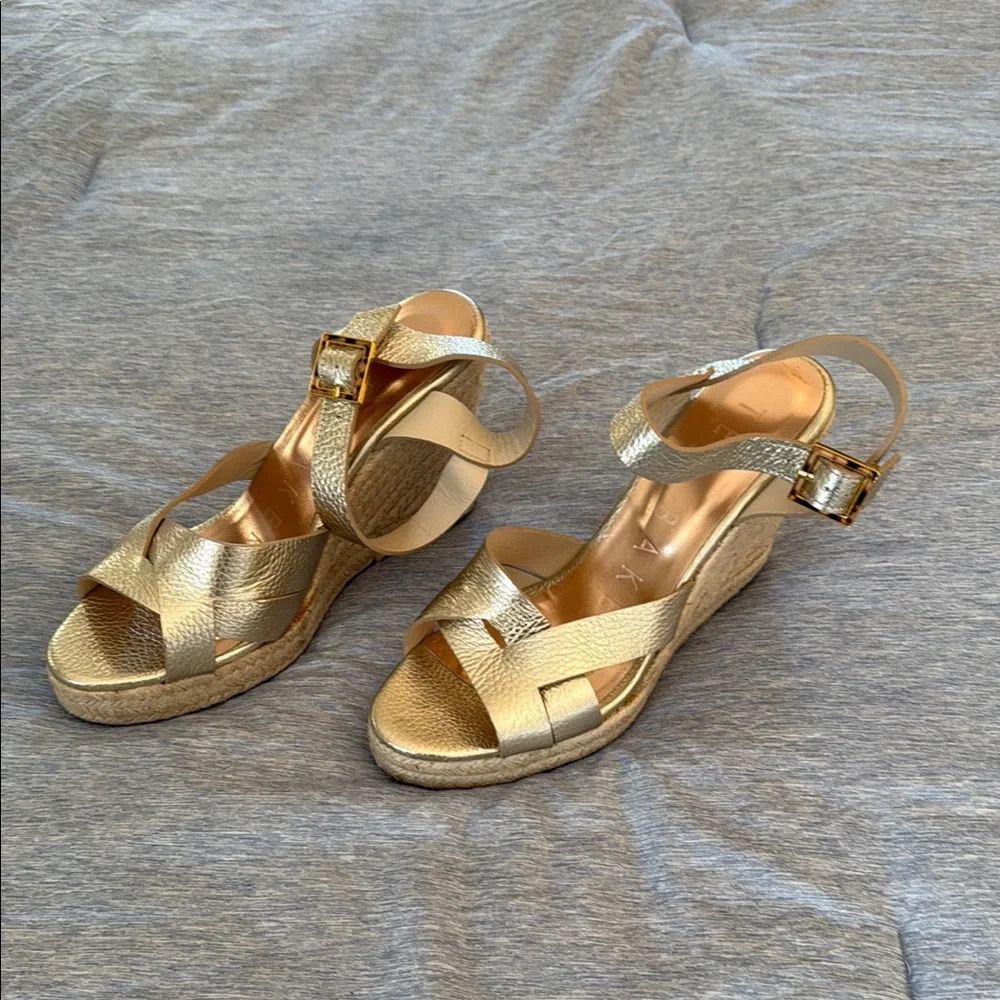 Gold Wedge Sandals with Buckle Ankle Strap